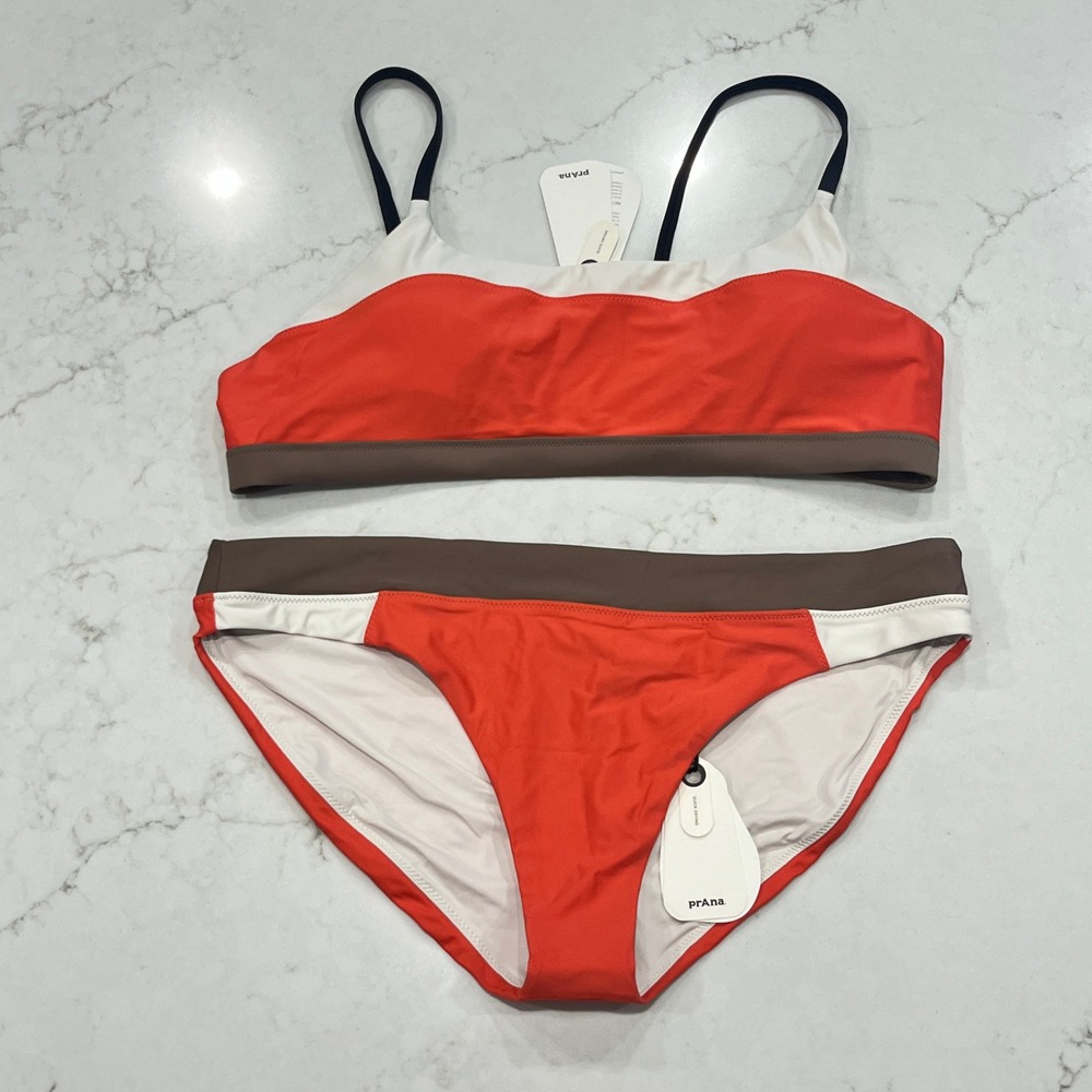 Prana Baja Bound NEW Bikini Set Womens XL Rose Fire Colorblock Swim Surf Active